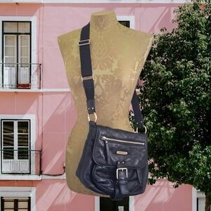 Michael Kors Black Pebbled Leather Boho Crossbody Messenger Bag Gold Hardware